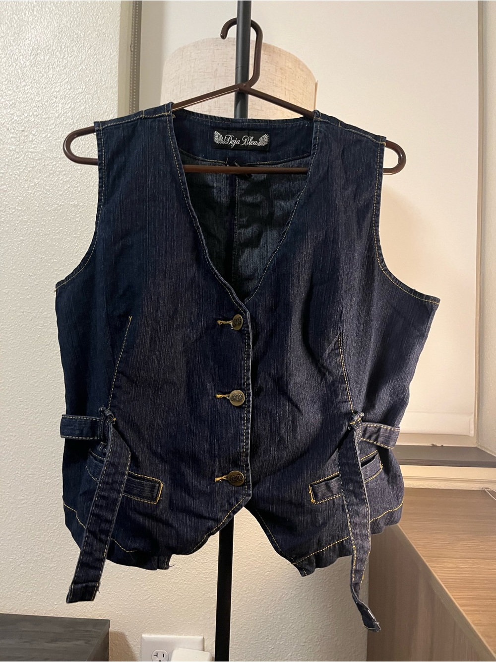 Deja Bleu Dark Wash Denim Vest with Button Front and Removable Belt